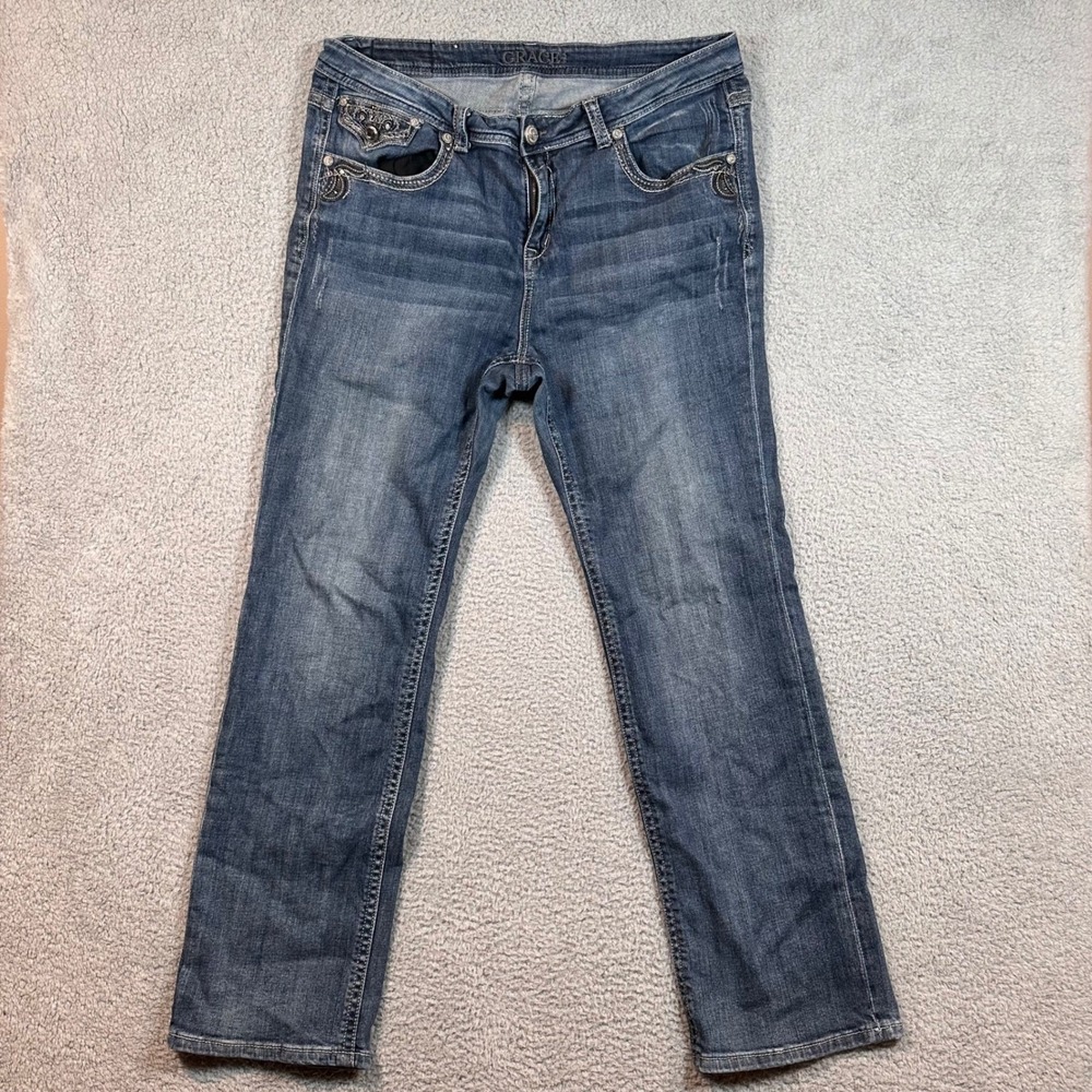 Grace in‎ LA Blue Denim Jeans Embellished Pockets Straight Leg Women's Size 19